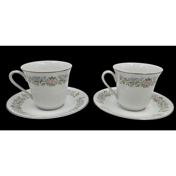 Eileen Cotillion Cup & Saucer Japan Floral Pink Blue Platinum Trim Set of 2 - Picture 3 of 14
